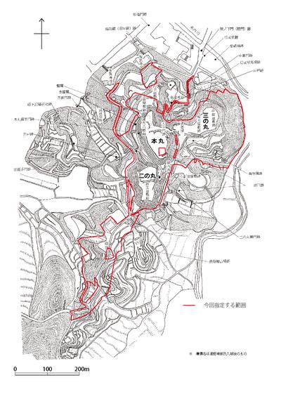 鍋倉城縄張図と国史跡指定範囲